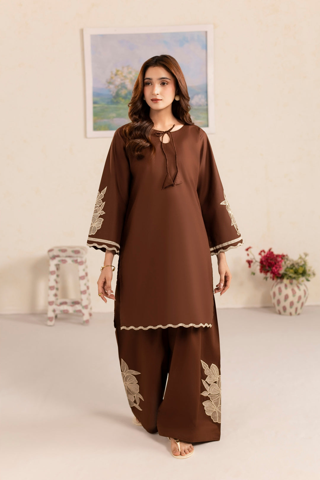 BROWN B002 - 2PC EMBROIDERED