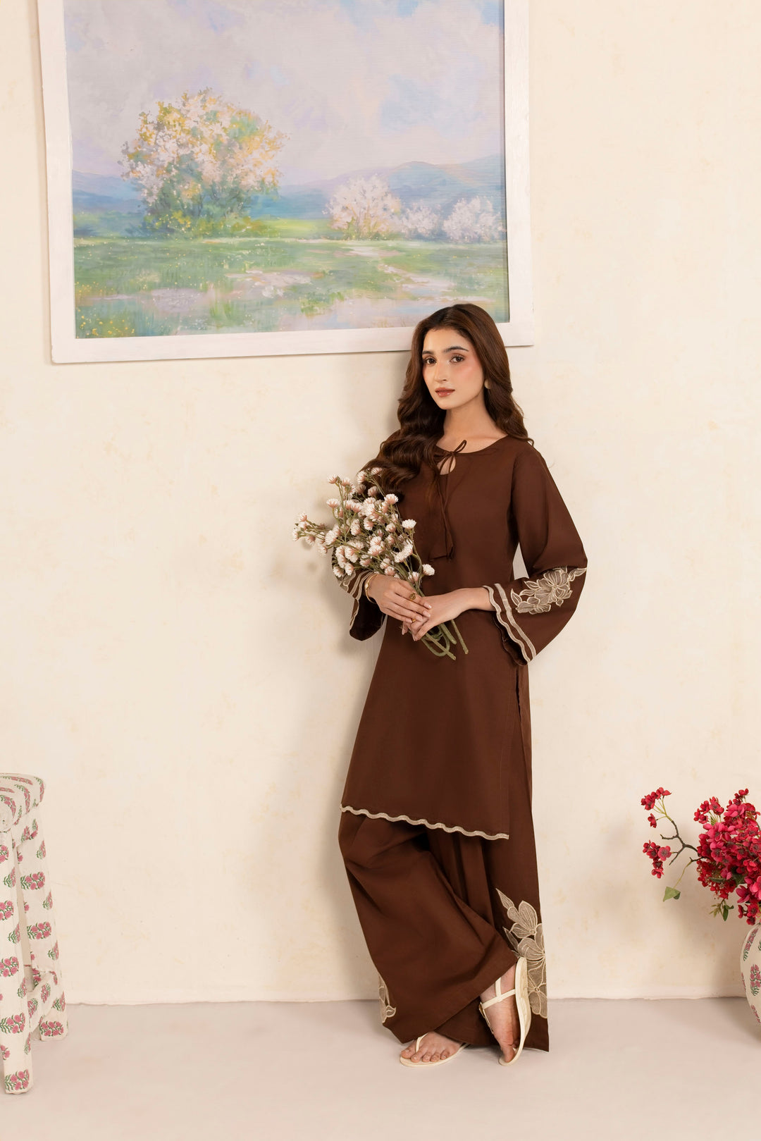 BROWN B002 - 2PC EMBROIDERED