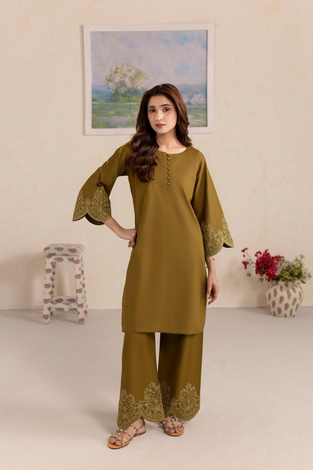 OLIVE O003 - 2PC EMBROIDERED