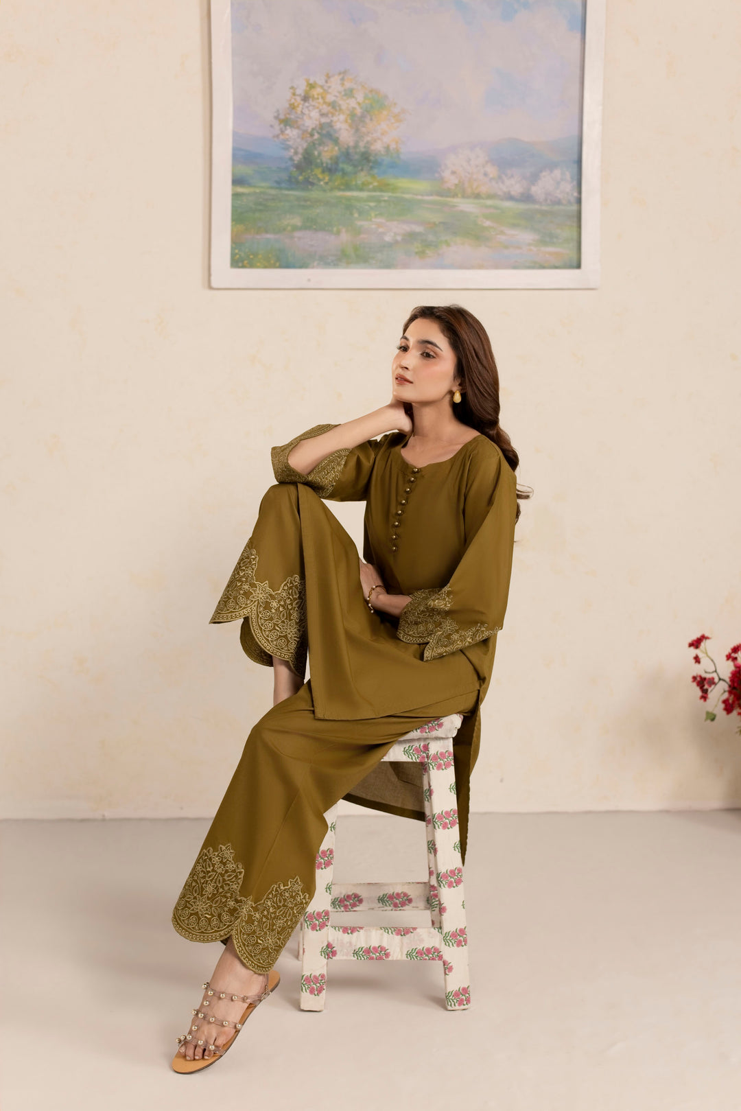 OLIVE O003 - 2PC EMBROIDERED