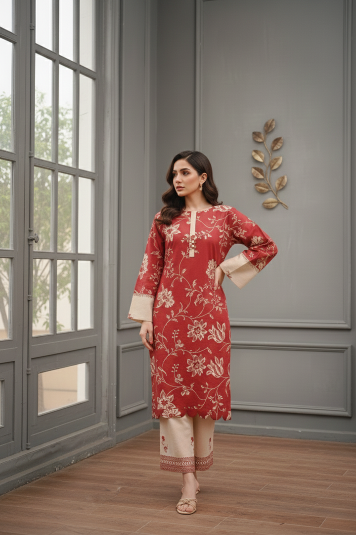 2PC MAROON & CREAM KHADDAR - 02
