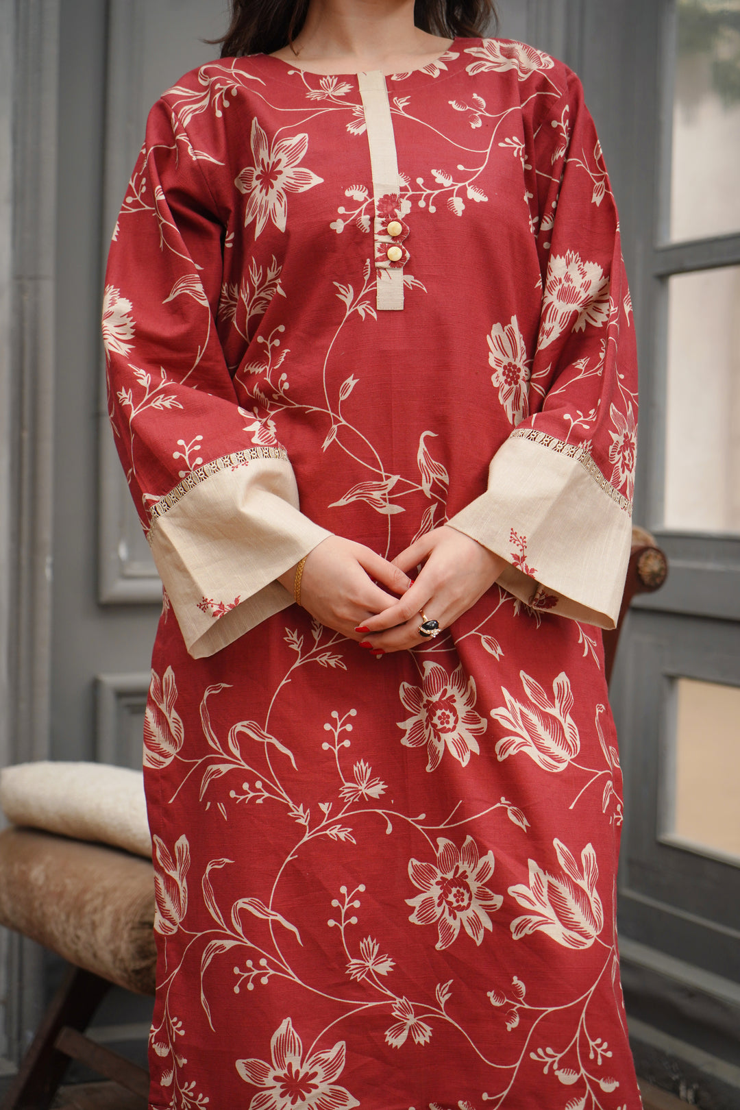 2PC MAROON & CREAM KHADDAR - 02