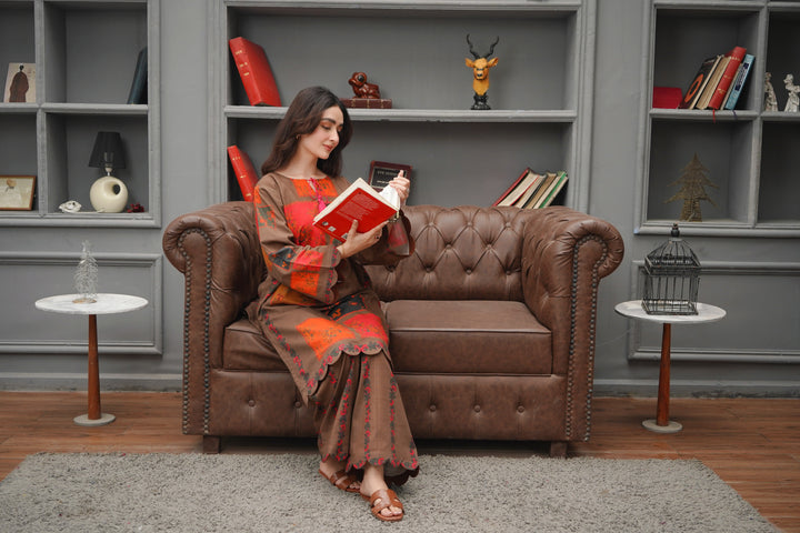 2PC BROWN & ORANGE KHADDAR - 01