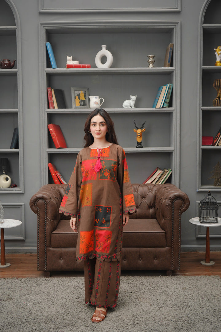 2PC BROWN & ORANGE KHADDAR - 01